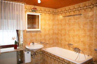 Bathroom with shower, bath tube and toilet in the first floor